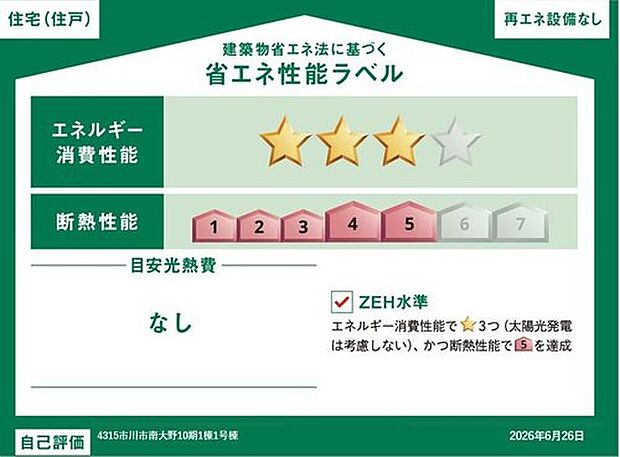 【【省エネ性能ラベル】】こちらの物件はZEH水準を満たした、省エネ性能に優れた物件です。 光熱費を抑えて暮らすことができるだけでなく、「熱の入りにくさ・逃げにくさ」という観点でも影響を受けにくい建物のため、長く快適にお過ごしいただけます♪ ※本ラベルは特定の住戸の性能を示すものであり、全ての住戸の性能を示すものではありません。