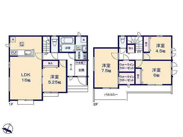 【4LDK】2部屋から出入り可能のバルコニーは洗濯動線がスムーズ♪WICも2か所備えて衣類の管理がラクラクです◎リビングで過ごすお子様が見えて安心の対面式キッチン。