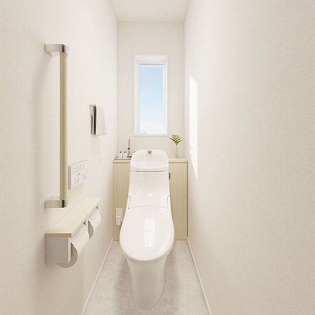 【完成予想図（内観）】■19号地（完成予想図）　2階のトイレは窓があり、白を基調とした明るく清潔感のある空間です。温水洗浄便座と手すりを備え、家族みんなが安心して使える設備となっております。