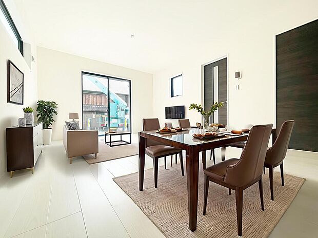 （１号棟）大切なご家族が集まるからこそＬＤＫはこだわりたい！休日はおひさまの光をたっぷりと取りこめるリビングでゆったりと過ごしませんか？※家具をCGで加工しています。家具付き販売ではございません。