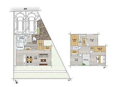 広々１８帖リビング♪洗面室は２か所からアクセス可能で家事動線良好です♪２階にファミリークローク（納戸）有り！色々な荷物を１か所にまとめて保管できます♪２か所から出入り可能なバルコニー有り☆ 