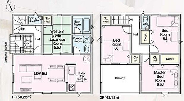 【4LDK】対面キッチン仕様の開放感あるリビングには５．５帖の和室が隣接♪くつろぎ空間、客間など色々な使い方ができます☆２階居室は全て６帖以上！急な天候変化にも安心なルーフバルコニーも有り♪
