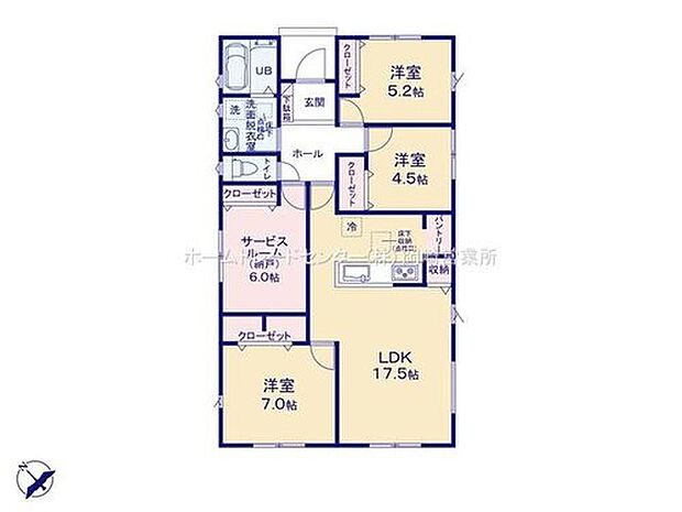 【3LDK+S】南向きの広々17.5帖リビング♪リビングに隣接したホッと落ち着く7帖の主寝室!各居室に収納完備でお部屋もスッキリ片付きます!