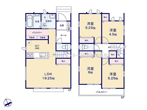 【4LDK】広々とした１９帖超のリビングは家族の様子がわかる対面式キッチン。大容量のパントリーを備え、食料品はもちろん防災備蓄品を収納するのにもお使いいただけます！