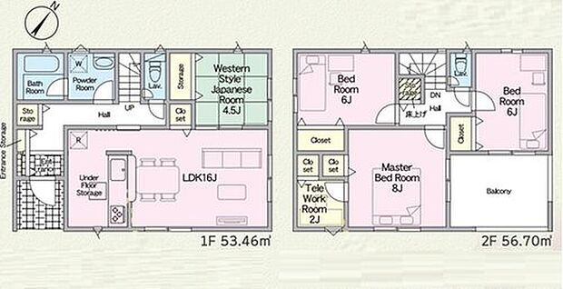【4LDK+S】16帖の対面キッチンのあるリビング♪リビングに隣接したホッと落ち着く4.5帖の和室!2階居室は全て6帖以上でゆったり♪急な天候変化にも安心なインナーバルコニー仕様です☆