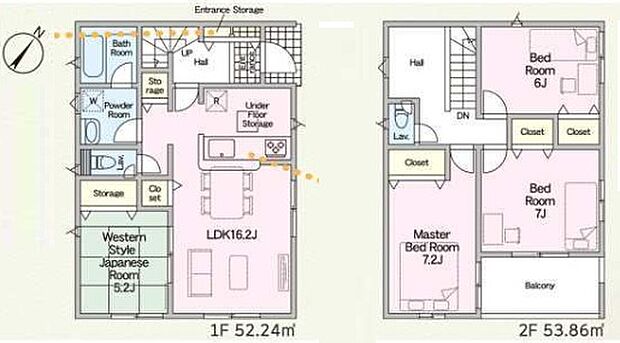 【4LDK】16帖超の対面キッチンのあるリビング♪リビングに隣接したホッと落ち着く5.2帖の和室!2階居室は全て6帖以上でゆったり♪急な天候変化にも安心なインナーバルコニー仕様です☆