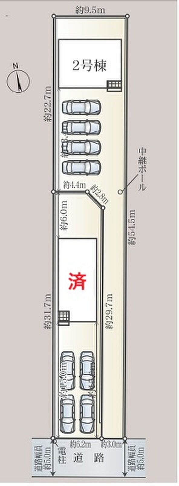 【全体区画図】全２棟！最大４台駐車可能（車種による）で複数台車やバイクを所有の方も安心です◎