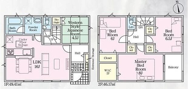 【4LDK】玄関ホールから和室へ入室できます。客間としても使用できます◎リビングから洗面～浴室へアクセスできて家事動線良好♪２階居室は全て６帖以上でゆったり過ごせます♪インナーバルコニー付き☆
