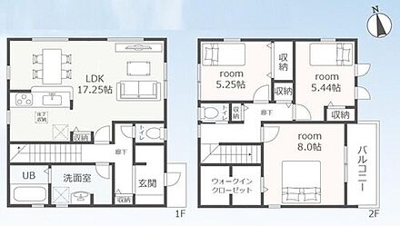 対面キッチンのある開放的な１７帖以上のリビング♪２階居室は３部屋！家族のプライバシーを守ります♪各居室収納付き☆大き目ウォークインクローゼットで季節ものもまとめて保管できます。 