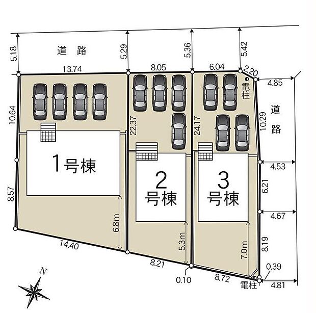 【全体区画図】前面道路ゆとりあり☆駐車4台可能◎