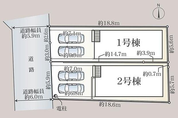【全体区画図】全２棟♪前面道路が5.9～6ｍあり駐車時も余裕が持てます☆
