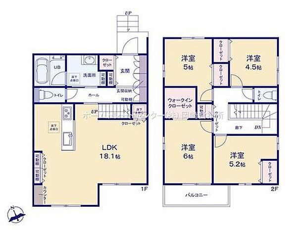 【4LDK】ＬＤＫは１８帖♪全居室収納完備でスッキリ快適☆２階へのアクセスが容易なリビング階段仕様♪バルコニー２か所つきで用途を分けて使用できます♪
