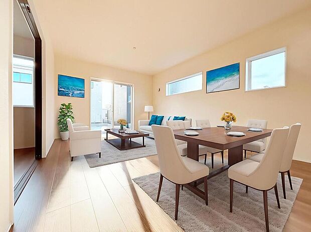 【リビング】【２号棟】
心地よい明るい雰囲気のリビング♪採光は良好です！　　
家族団らんの時間も増えそうなくつろぎの場所になりそうです♪
※家具をCGで加工しています。家具付き販売ではございません。