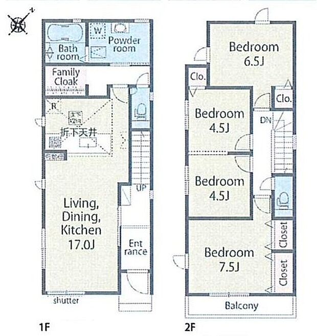 【3LDK】１階にファミリークローク有り！家族の服や共用のものなど色々しまえます♪２階に間仕切り可能な洋室有り♪４LDKとして使用することもできます☆南向きのバルコニー付き♪