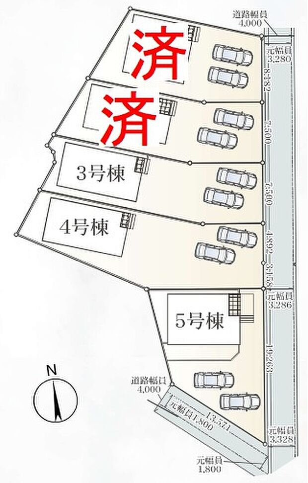 【全体区画図】あと３棟♪駐車は２台分のスペース付き☆