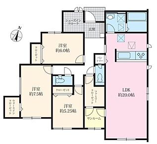 子育て中～老後も安心して住める平屋建て！リビングは２０帖あり、家族みんなでゆったりくつろげます☆大型収納複数有りでお部屋を最大限広く使えます♪サンルームつきで開放的です☆ 