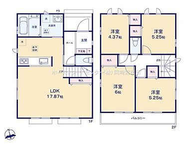 １７帖以上の対面キッチンのある開放感あふれるリビング☆２階には洋室が４部屋あり、家族個々の時間を大切にできます◎各居室収納付き！２部屋続きのワイドなバルコニー有り♪ 