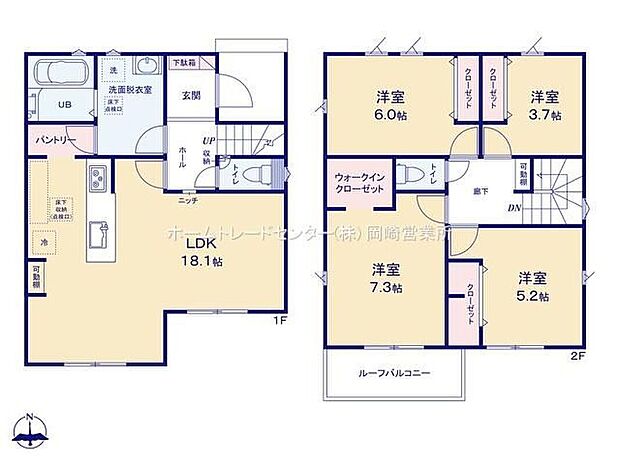 【4LDK】折り上げ天井のある開放感あふれるリビングは18帖♪各居室収納付きでお家もスッキリ片付きます◎2階は4居室で家族のプライバシーを大切にできます☆南向きのルーフバルコニーつき♪