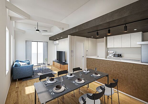 【B号棟内観完成イメージパース】大きな窓からたっぷり光が差し込む、明るく開放的なリビング。家族の笑顔が自然と集まる、心地よい空間です。