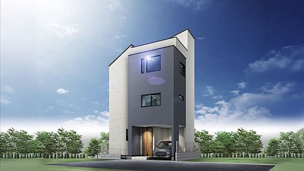 【完成イメージパース】シンプルで飽きのこないフォルムが魅力。穏やかな住宅街に調和し、永く愛せる住まいを演出します。