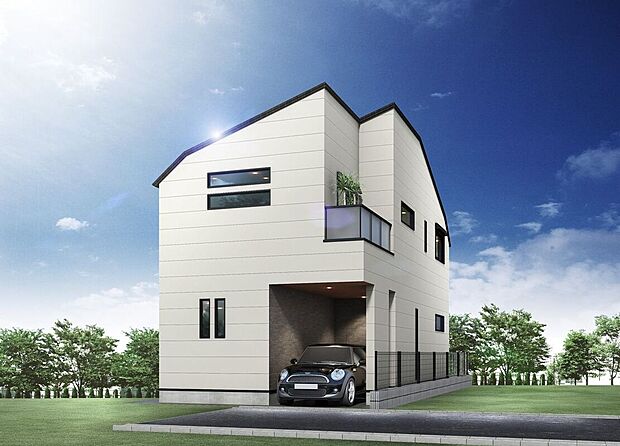 【完成イメージパース】 2階建てのすっきりとした外観デザインが魅力。スタイリッシュかつ開放感のある住まいです。