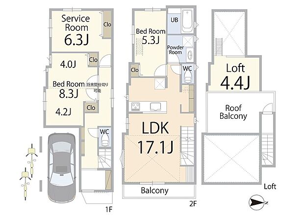 【参考プラン間取り】建物プラン例：建物価格2300万円、建物面積99.91m2