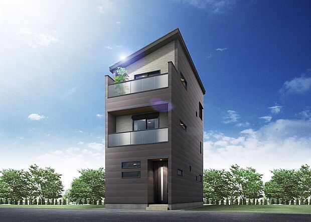 【完成イメージパース】日当たりの良い開放的な外観。シンプルで飽きのこないデザインが魅力です。