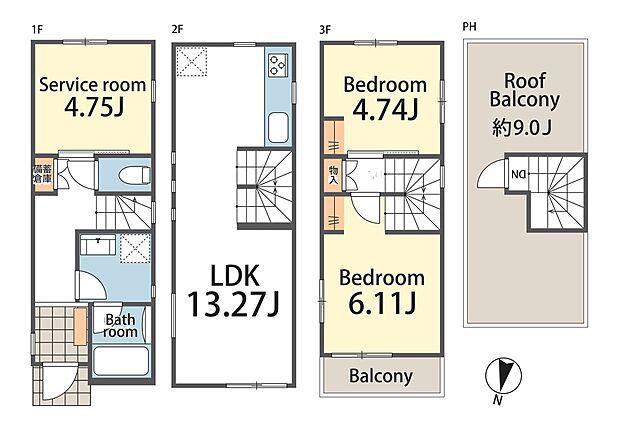 【2LDK+S】4180万円、3LDK、土地面積35.07m2、建物面積70.75m2  収納や書斎にも使えるサービスルームを備えた2SLDK。夫婦ふたりの暮らしや、これから家族が増える方にもぴったりの間取り。
