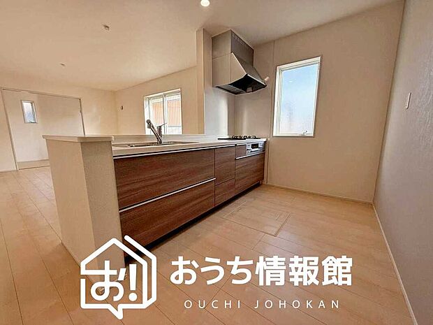 【現地写真(キッチン)】収納たっぷりのシステムキッチン、浄水器付水栓を標準装備しています。