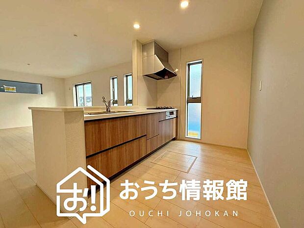 【現地写真(キッチン)】収納たっぷりのシステムキッチン、浄水器付水栓を標準装備しています。