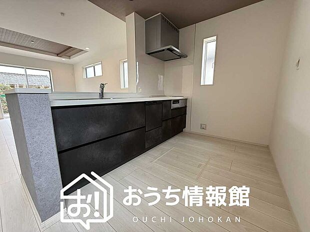 【現地写真(キッチン)】収納たっぷりのシステムキッチン、浄水器付水栓を標準装備しています。