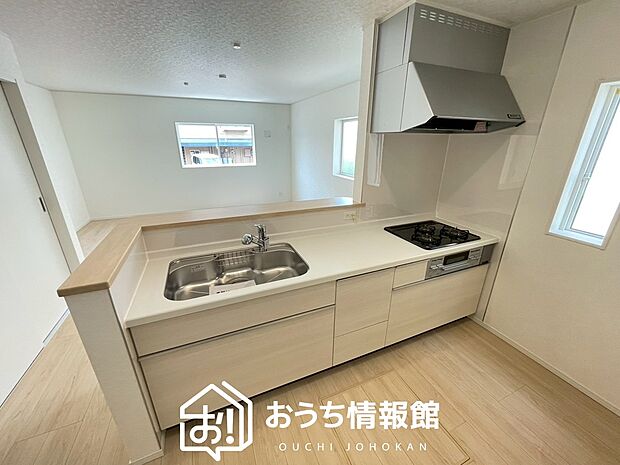 【現地写真(キッチン)】収納たっぷりのシステムキッチン、浄水器付水栓を標準装備しています。