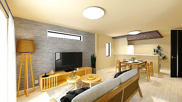 【【施工例：LDK】】参考建物プランはリビング全体を見渡せるカウンターキッチンが標準仕様！リビングに居る家族と会話を楽しみながらの作業が可能となっています！

