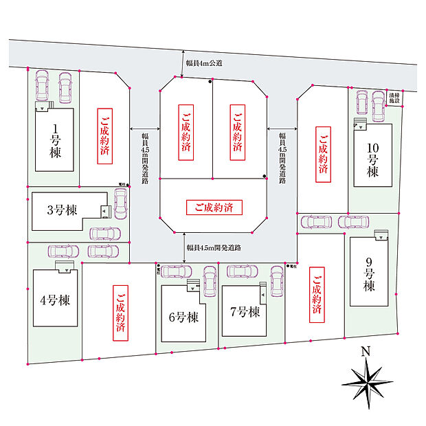 【全体区画図】
JR相模線「倉見」駅徒歩5分の地に、全14棟の街並みが誕生。幅員約4.5mの開発道路は、住民以外の人が入って来にくいため比較的交通量が少なく、落ち着いた住環境です。