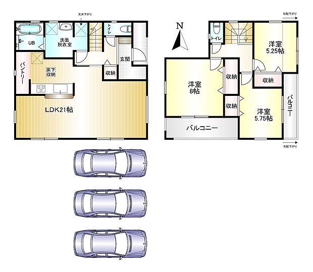 3LDK　土地面積：164.39ｍ2　建物面積：107.64ｍ2　駐車スペース3台