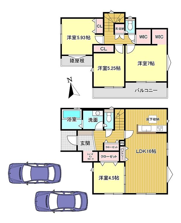 4LDK　土地面積：118.48ｍ2　建物面積：97.71ｍ2　駐車並列2台可