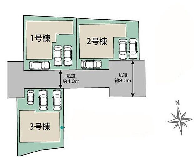 【区画図】
車種により、カースペース3台分ございますので、家族分の自転車を駐輪したり、来客用の駐車スペースとしてもお使いいただけます♪