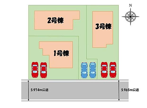 【≪全体区画図≫】並列駐車2台分のカースペースをご用意しております。家族分の自転車を駐輪したり、来客用の駐車スペースとしてもお使いいただけます。