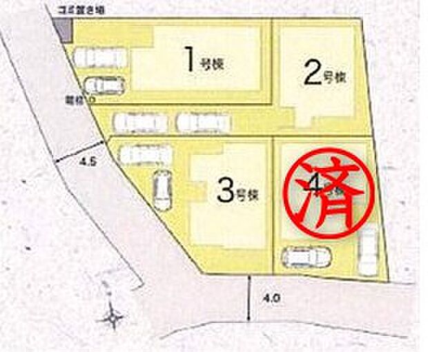 【全体区画図】カースペース2台分ご用意ございます♪
家族分の自転車を駐輪したり、来客用の駐車スペースとしてもお使いいただけます♪