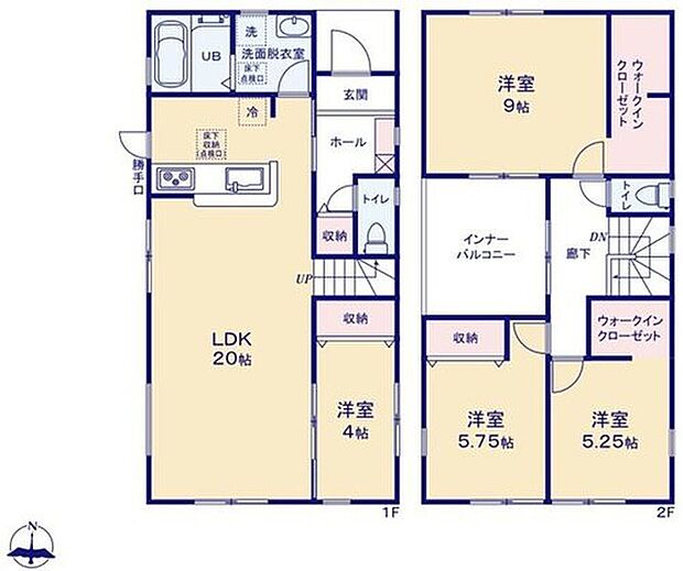 【4LDK】○20帖LDK♪家族のコミュニケーションがさりげなく深まる、リビングイン階段♪
○2居室に広々WIC＆全居室収納♪
○急な雨にも安心！廊下側からも出られる、インナーバルコニー♪