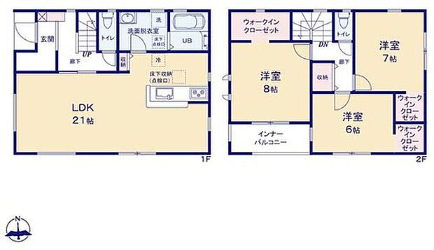 【3LDK】◇２階全居室にウオークインクローゼット＆廊下に収納スペースを装備！
居室の全空間を有効活用出来ます♪自分好みのお部屋で、ゆったりお寛ぎ頂けます♪
◇急な雨にも大丈夫なインナーバルコニー付きです♪