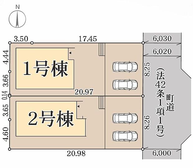 【全体区画図】全２棟♪カースペース２台分ございますので、家族分の自転車を駐輪したり、来客用の駐車スペースとしてもお使いいただけます♪前面道路幅6ｍ♪