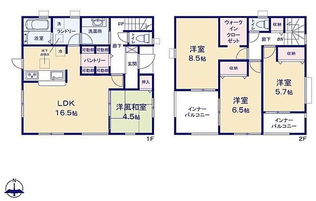 【4LDK】◇可動棚付き広々パントリー！廊下側からも入れます♪飲料水や食料品の置き場所に重宝しそうです♪◇LDK隣に「和室」付き♪◇浴室の前にはランドリールーム♪◇主寝室にWIC♪◇2つのインナーバルコニー♪