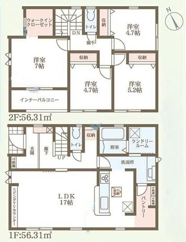 【4LDK】○水回り集中の好家事動線のプランです♪○WIC・パントリー・全室収納・1階廊下にも収納!収納スペースの有効活用で、片付け上手に♪○広々インナーバルコニー♪