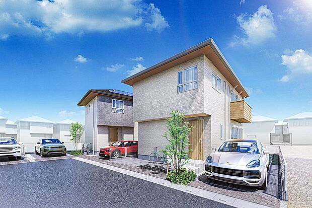 ■5・6号地外観（パース）ZEH基準をクリアしています。太陽光パネルを備えており、つくった電気は自宅で使用するだけでなく、余った分を売電したり、停電時の非常用電源として活用することもできます。