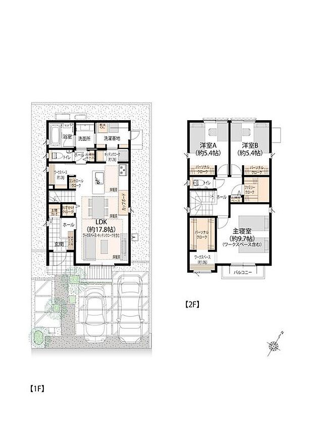 【3LDK】■45号地間取図
リビング・キッチン・洗濯基地の並んだ間取りでは無駄のない動線が実現できます。収納も豊富で、キッチンクロークやファミリークロークなど様々な用途に合わせて利用いただけます。