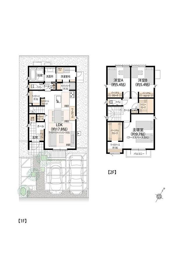 【3LDK】■46号地間取図
1階のLDKにはスムーズな動線のキッチンや、様々な用途に使えるワークスペースがございます。家族で集まりながら、各々の作業も行えるような空間となっています。