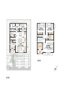 ■46号地間取図
1階のLDKにはスムーズな動線のキッチンや、様々な用途に使えるワークスペースがございます。家族で集まりながら、各々の作業も行えるような空間となっています。 