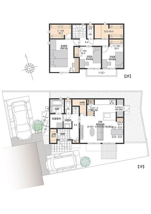 【3LDK】5号地のLDKにはワークスペースがあり、お子様の学習スペースや、テレワークや趣味のスペースとしてもご活用いただけます。また、土間クローク、キッチンクローク、ファミリークロークなど、収納も豊富です。