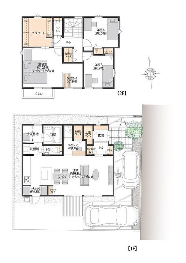 【3LDK】南向きリビングに、使い勝手の良いセパレートキッチンと約1.2帖のキッチンクロークを配置。1階にはおでかけクロークとお掃除ベース、2階にはファミリークロークを備えた収納充実の間取りです。